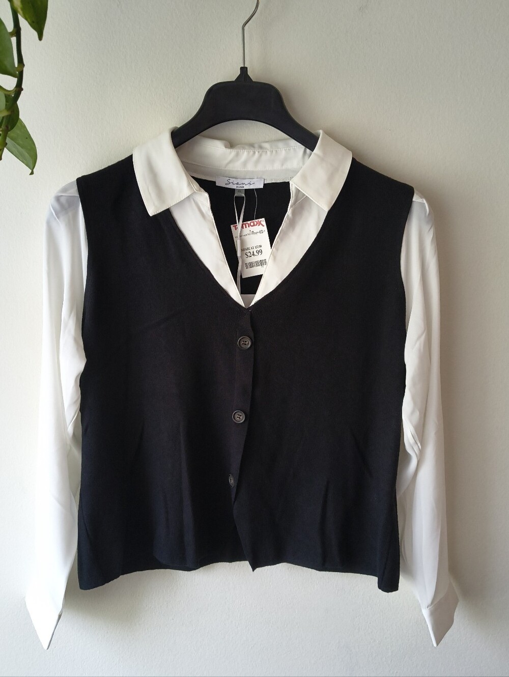 Sioni Layered Top Button Front Sweater Vest Collared Blouse NWT Black White XL